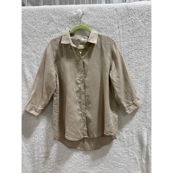 Chico’s Linen Button Front Shirt Size 2 Tan Neutral Collared Long Sleeve Relaxed - Picture 3 of 7